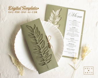 Wedding menu template svg, olive branch with leaves template, folding table menu for Cricut, Laser Cut, Silhouette (svg dxf ai cdr)