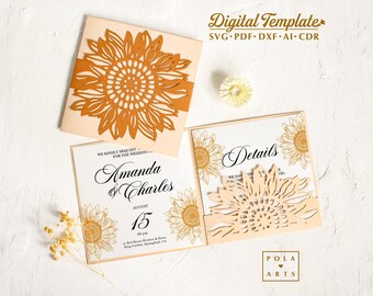 Sunflower Wedding Invitation SVG Template: Pocket Flower Card (Digital Download)