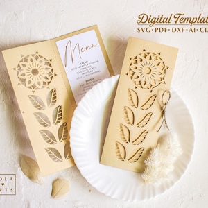 Plantilla de svg de menú de boda de flores étnicas, decoración de menú de mesa de girasol de boda rústica para Cricut, corte láser, silueta svg dxf ai cdr