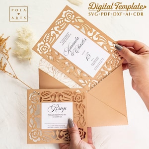 Wedding invitation set template SVG, elegant roses lace frame invite card, wedding envelope for Cricut, laser, Silhouette (svg dxf ai cdr)