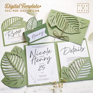 Fall wedding invitation set SVG, three-fold autumn dry leaves invitation, place card template for Cricut, laser, Silhouette (svg dxf ai cdr)