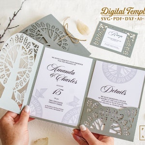 Modèle d'invitation d'arbre de mariage SVG, mariage rustique, branches à trois volets avec enveloppe de feuilles sèches pour Cricut Laser Silhouette (svg dxf ai cdr)