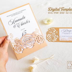 Roses pocket invitation template svg, Rose rsvp card, flowers wedding envelope for Cricut, laser cut, Silhouette (svg dxf ai cdr)