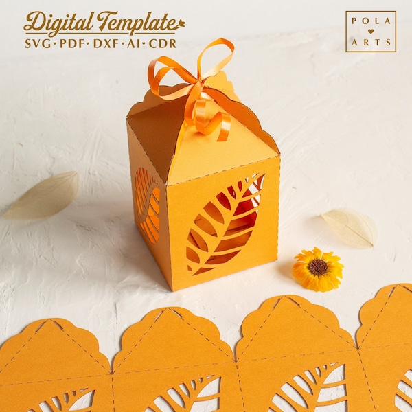 Fall wedding favor box template svg, autumn dry leaf candy thanksgiving box for Cricut, laser cut, Silhouette (svg dxf ai cdr)