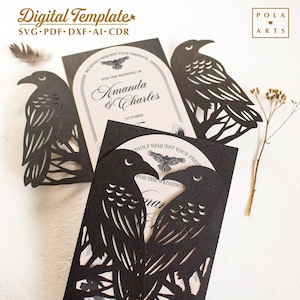 Gothic Hochzeitseinladung Vorlage svg, Krähen Halloween Klappkarte, Zweige Bäume Rabe für Cricut, Laser cut, Silhouette svg dxf