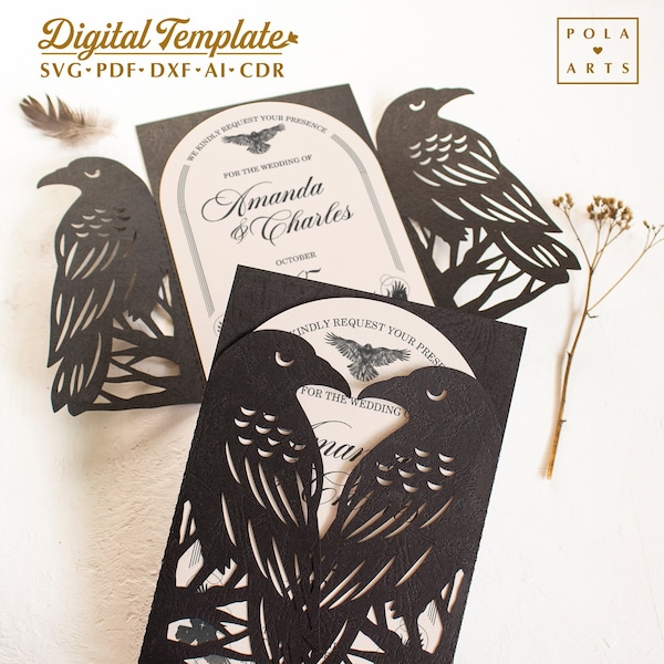 Gothic wedding invitation template svg, Crows Halloween gatefold invite card, branches trees raven for Cricut, laser cut, Silhouette svg dxf