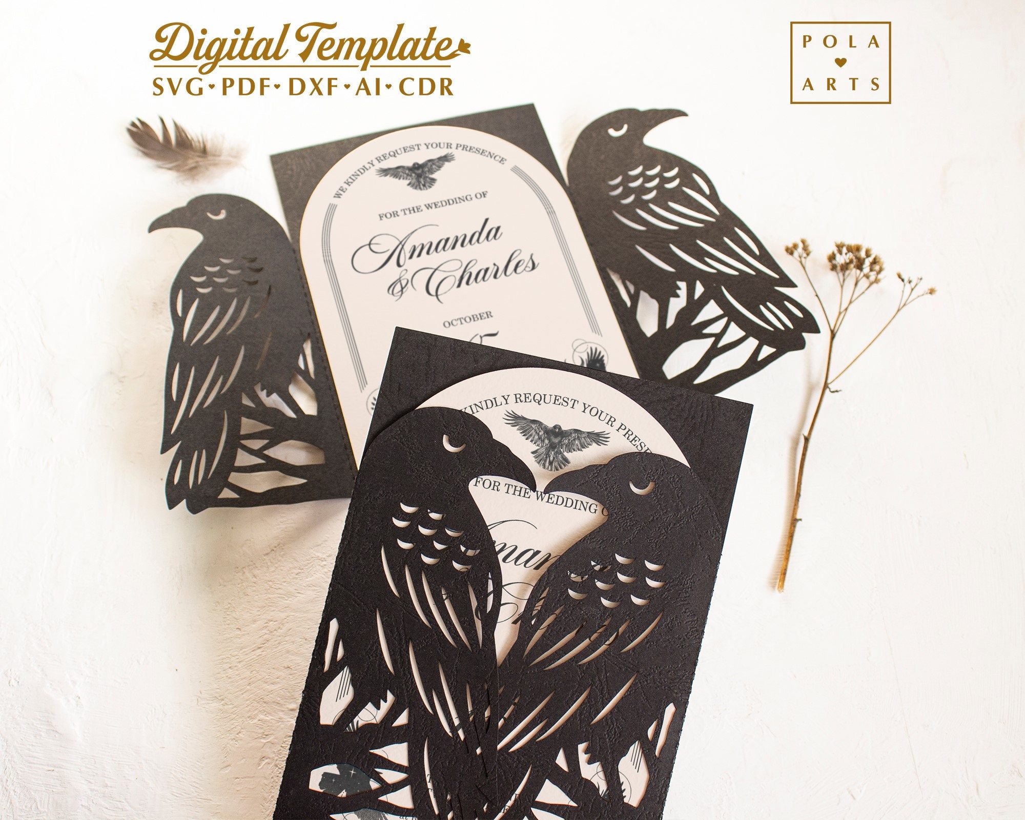 Gothic wedding invitation template svg, Crows Halloween gatefold invite card, branches trees raven for Cricut, laser cut, Silhouette svg dxf