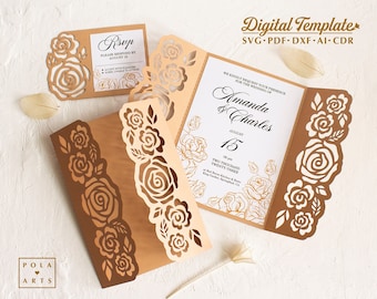Roses Invitation template svg, Rose rsvp card, flowers wedding folding Invitation for Cricut, laser cut, Silhouette (svg dxf ai cdr)