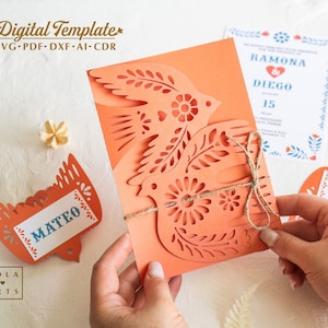 Mexicaanse vogels uitnodiging sjabloon svg, bloem bruiloft set, RSVP vogel, plaats kaartsjabloon voor Cricut Laser Silhouette (svg dxf ai cdr)
