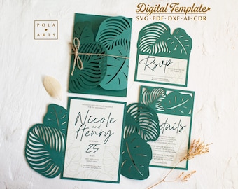 Invitación de hoja de monstera SVG: Plantilla de boda bohemia (descarga digital)