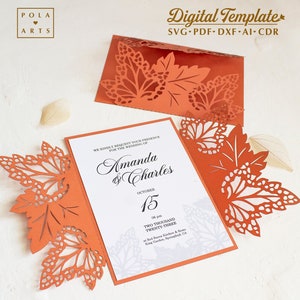 Invitation de feuilles sèches SVG, faire-part de mariage automne feuille d'érable, carte d'invitation Halloween gatefold, pour Cricut, découpé au laser, Silhouette svg dxf