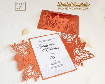 Dry leaves invitation SVG, Maple leaf autumn wedding invitation, Halloween gatefold invite card,  for Cricut, laser cut, Silhouette svg dxf