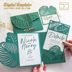 Ensemble d'invitations de mariage tropical, trois volets feuilles tropicales invitation modèle svg pour Cricut, découpé au laser, Silhouette (svg dxf ai cdr)
