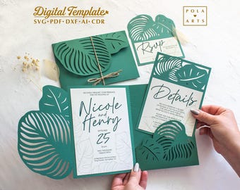 Tropical Leaf Wedding Invitation Template: Laser Cut SVG, Cricut, Silhouette (Digital)