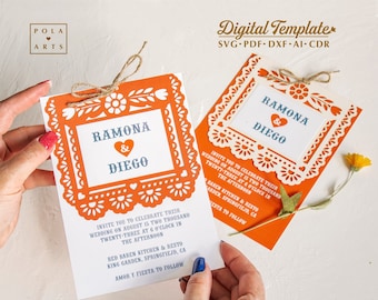 Mexican invitation template svg, papel picado wedding invite card for Cricut Laser cut Silhouette (svg dxf ai cdr)