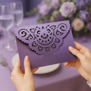 Lace wedding invitation SVG template, elegant lace ornament, three-fold envelope with pocket for Cricut, laser, Silhouette (svg dxf ai cdr)