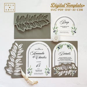 Olivenzweig Einladungsvorlage, Hochzeitseinladung, Olivenzweig Tasche für Cricut, Silhouette, Laserschnitt (svg dxf ai cdr)