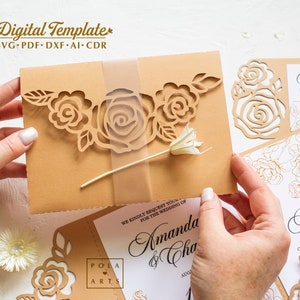 Hochzeit Rosen Einladung SVG Vorlage, dreifach gefaltet 5x7 Umschlag für Cricut, Laser Cut, Scherenschnitt, Silhouette svg- dxf- ai- cdr