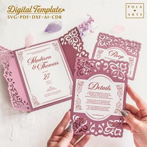 Wedding invitation set SVG, vintage lace folding invite card template  for Cricut, laser, Silhouette (svg dxf ai cdr)