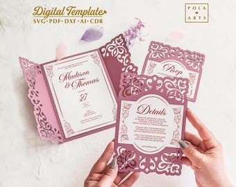 Wedding invitation set SVG, vintage lace folding invite card template  for Cricut, laser, Silhouette (svg dxf ai cdr)