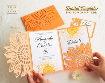 Sunflower Wedding Invitation Template: Trifold Envelope SVG (Digital Download)