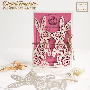 Lace rabbit invitation template SVG, wedding lace invite card, Easter rabbit roses card for Cricut, laser cut, Silhouette (svg dxf ai cdr)