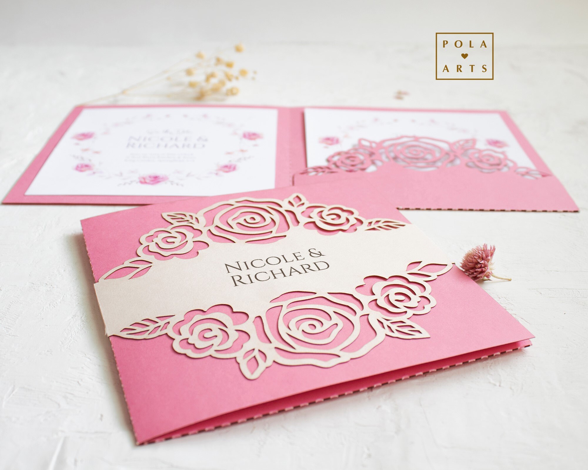 Wedding Invitation 6x6 Template SVG, Gatefold Pocket Roses Invite Card