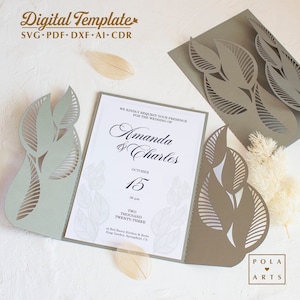 Modello SVG di invito a nozze, carta di invito apribile con foglie secche, invito di foglie tropicali per Cricut, taglio laser, Silhouette SVG DXF