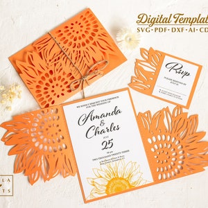 Sunflower invitation template svg, 5x7 wedding folding envelope template for Cricut, laser cut, Silhouette (svg dxf ai cdr)