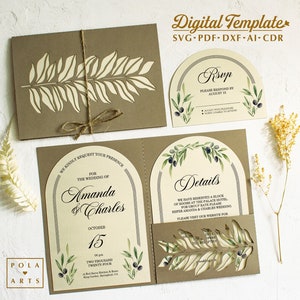 Plantilla de invitación boho de boda svg, plantilla de rama de olivo plegable de invitación de bolsillo 5x7 para Cricut, corte láser, silueta (svg dxf ai cdr)