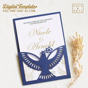 Wedding invite card template SVG, bird pocket invitation for Cricut, laser cut, Silhouette (svg dxf ai cdr)