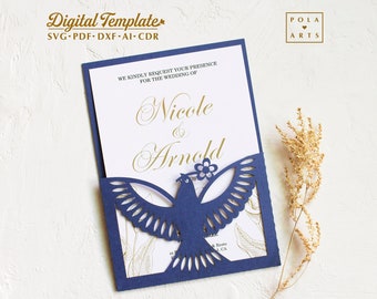 Wedding invite card template SVG, bird pocket invitation for Cricut, laser cut, Silhouette (svg dxf ai cdr)