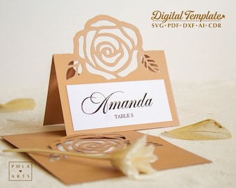 Rose lieu carte modèle svg, carte de table de mariage pour Cricut, Laser Cut, papercut, Silhouette svg-dxf-ai-cdr