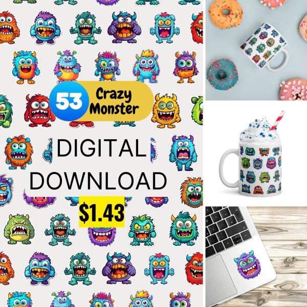 Monster Crazy Sticker, Cute Sticker template, Fantasy Clip art, Cute animal, Bundle Printable File, PNG/JPF File, Digital Sticker