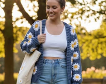 Handmade Crochet Daisy Flower Cardigan: Dusty Blue Boho Sweater