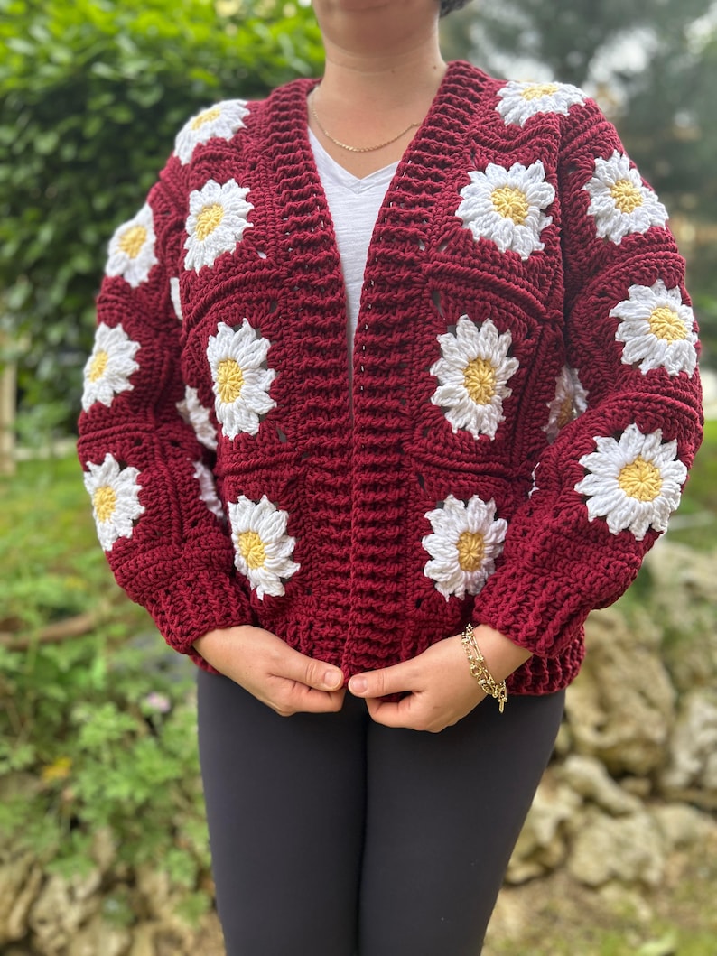Handmade Burgundy Crochet Cardigan Cozy Boho Sweater, Custom Size, Fall