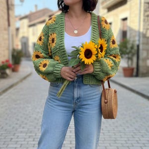 Handmade Crochet Sunflower Cardigan: Boho Green Floral Sweater image 8
