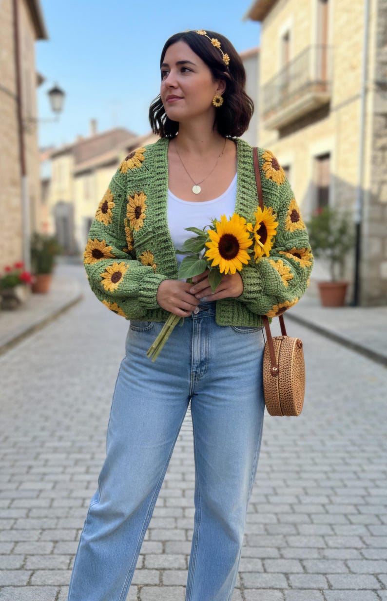Handmade Crochet Sunflower Cardigan: Boho Green Floral Sweater image 8