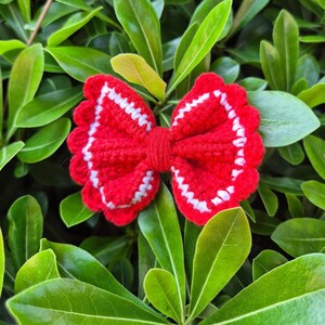May include: A handmade red crochet bow with white trim, set against a backdrop of green leaves. The bow features a detailed, scalloped edge and a central knot, showcasing a delicate, handcrafted design. This accessory is perfect for adding a touch of charm.