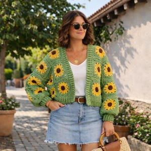 Handmade Crochet Sunflower Cardigan: Boho Green Floral Sweater image 1