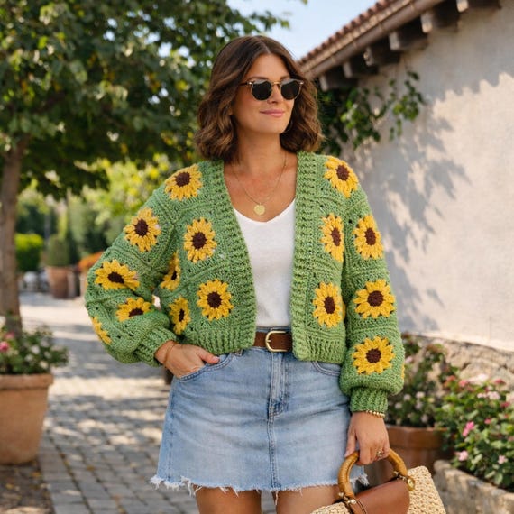 Handmade Crochet Sunflower Cardigan: Boho Green Floral Sweater