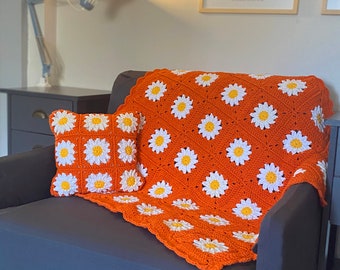 Crochet Pillow, Daisy Flower Knitted, Sofa Throw Blanket & Pillow for Home Decor