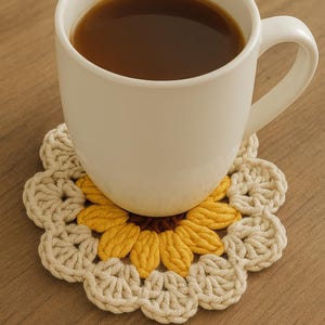 May include: A white ceramic mug filled with dark liquid sits on a handmade crochet coaster. The coaster features a sunflower design with yellow petals and a brown center, surrounded by a cream-colored border. The mug has a simple, curved handle.
