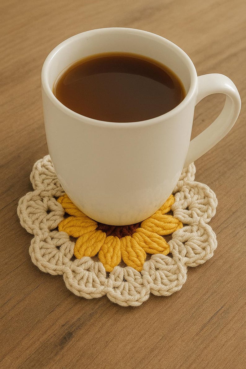 May include: A white ceramic mug filled with dark liquid sits on a handmade crochet coaster. The coaster features a sunflower design with yellow petals and a brown center, surrounded by a cream-colored border. The mug has a simple, curved handle.