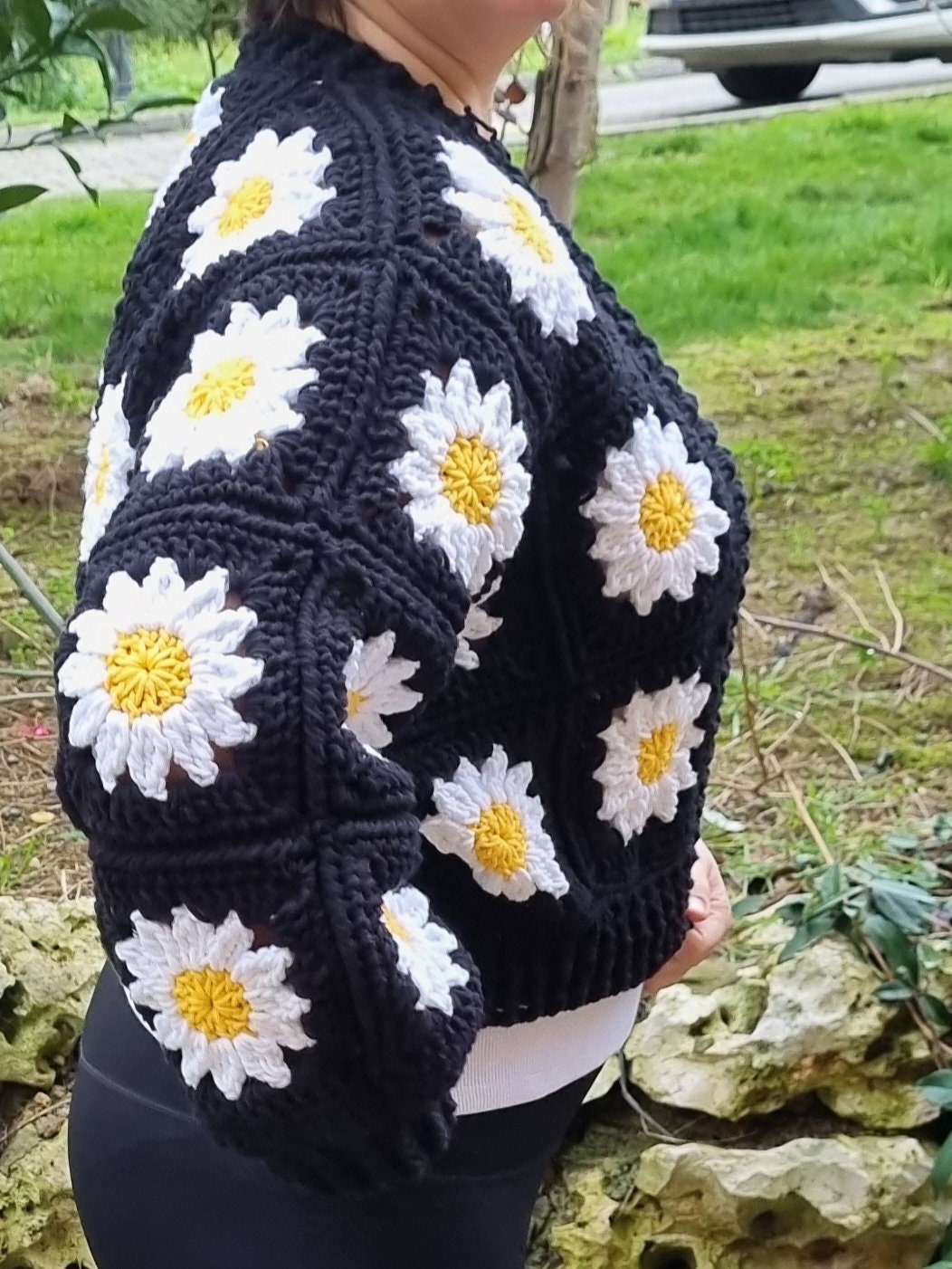 Elegant Women's Crochet Daisy Cardigan - Black & White Floral Button-Front Knit Sweater main image 1