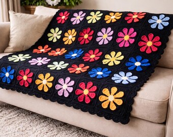 Handmade Crochet Daisy Throw Blanket, Colorful Granny Square, Boho Decor