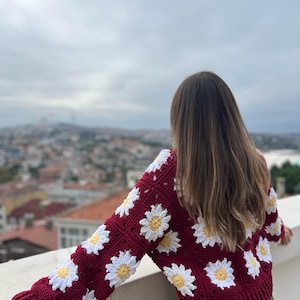 Handmade Burgundy Crochet Cardigan – Cozy Boho Sweater, Custom Size, Fall Fashion, Lightweight Layering Piece