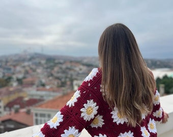 Handmade Burgundy Crochet Cardigan – Cozy Boho Sweater, Custom Size, Fall Fashion, Lightweight Layering Piece