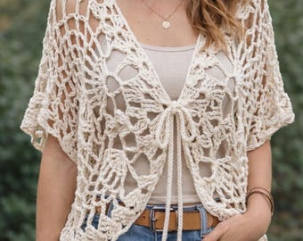 Handgehäkelte Schmetterlings-Strickjacke, Boho-Spitzen-Überwurf