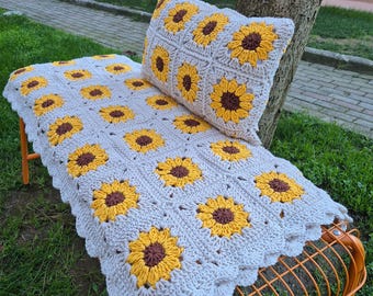 Handmade Crochet Sunflower Blanket and Pillow Set – Baby Gift, Home Decor